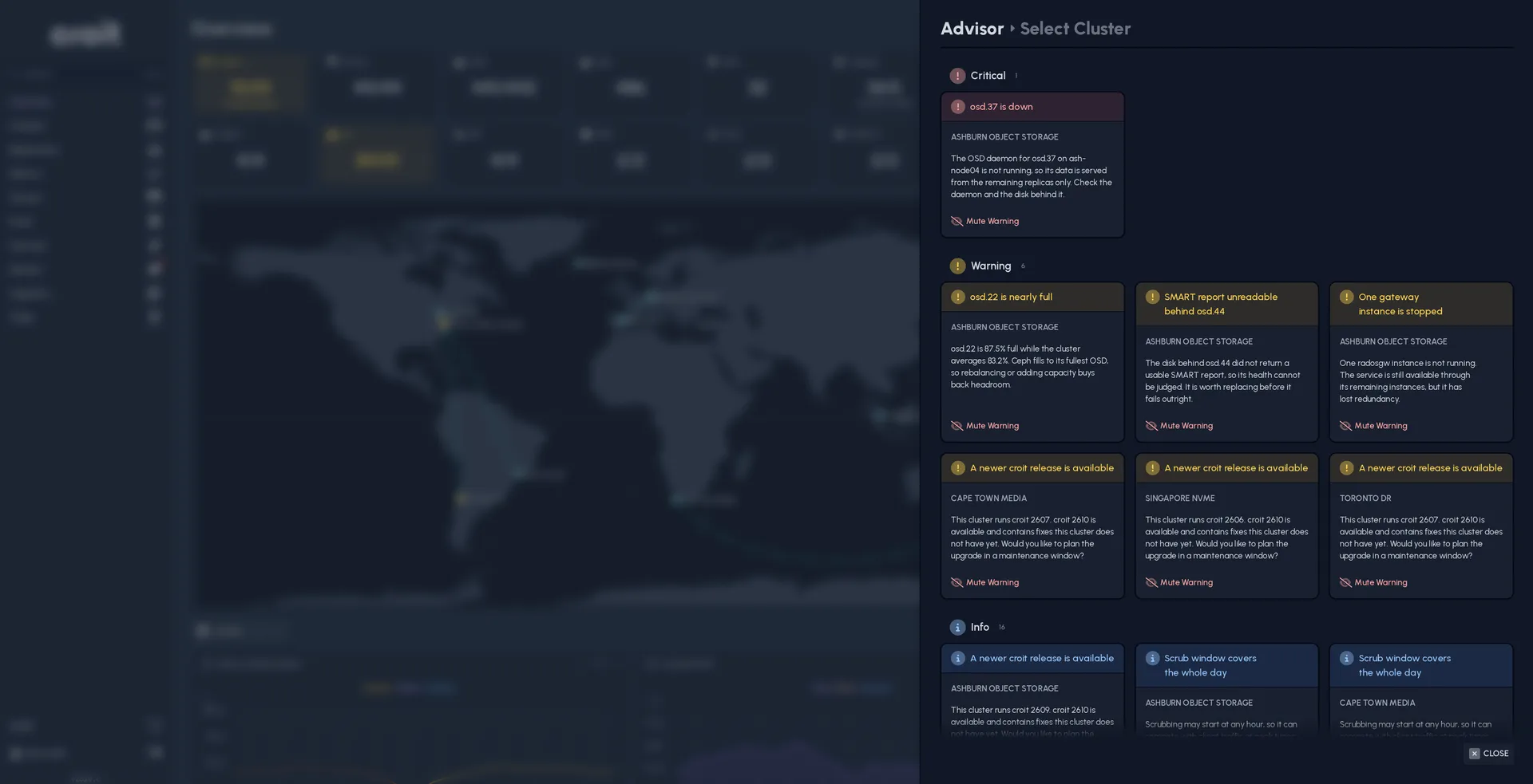 Advisor findings across all clusters: a critical OSD down, warnings and available croit releases