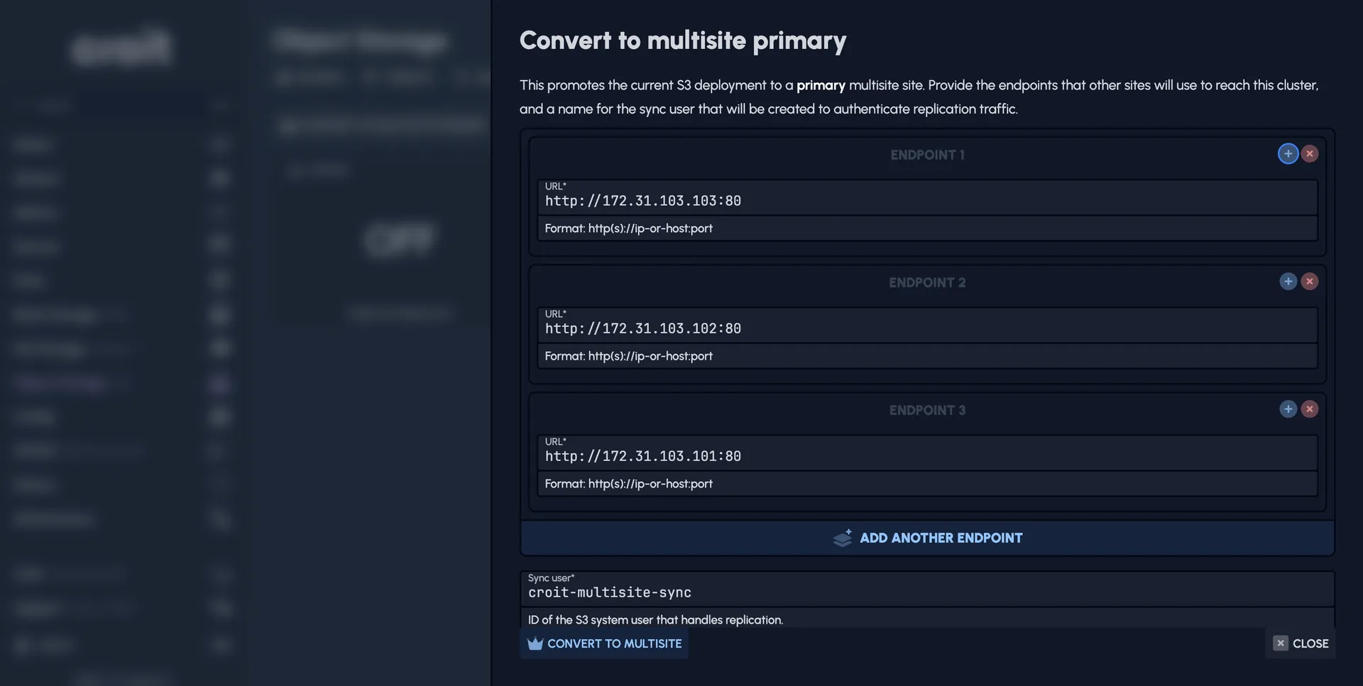Promoting a cluster to a multisite primary, with the endpoints other sites use to reach it