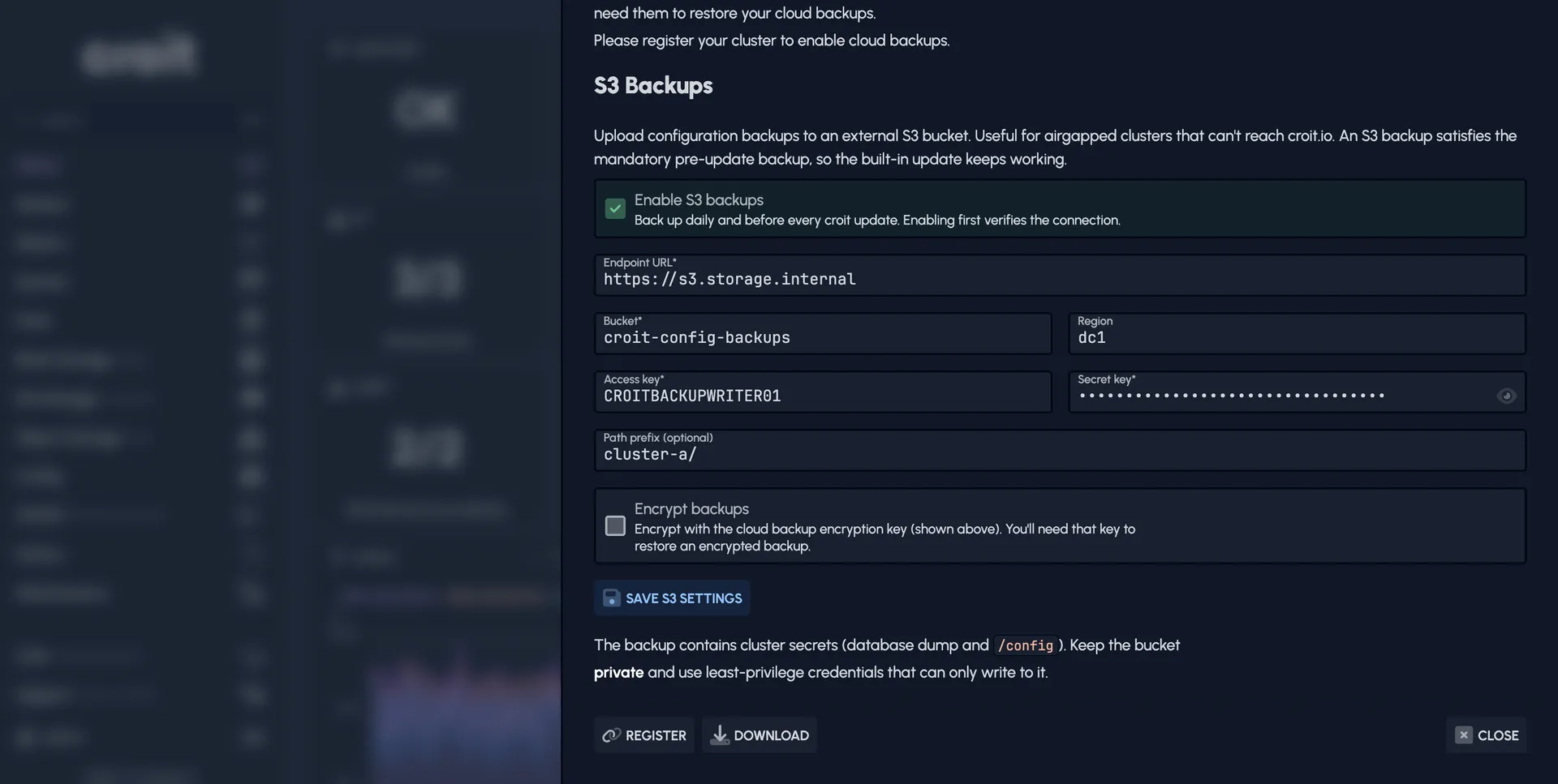 Configuring S3 configuration backups against an internal endpoint