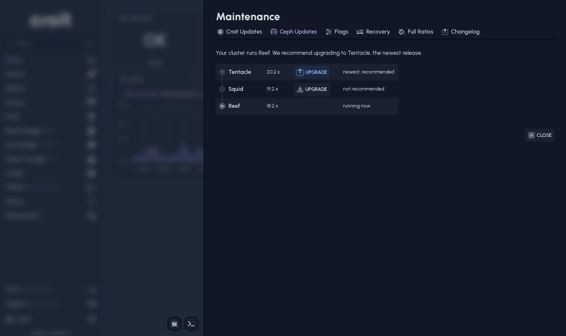 The Ceph update dialog, with the release ladder and the version we recommend